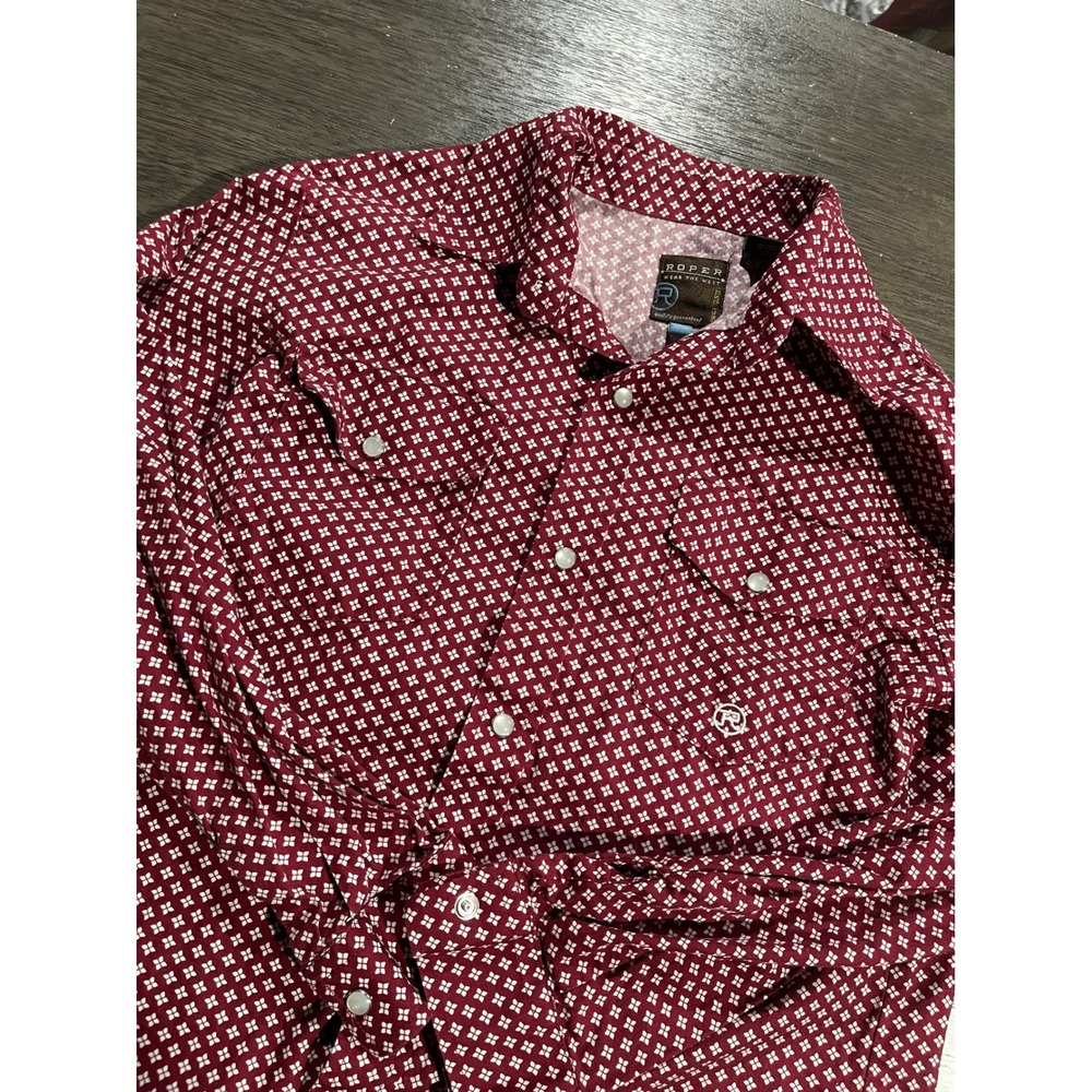 Roper Boys Size L 12-14 Burgundy Western Snap Long Sleeve Geometric Print Shirt